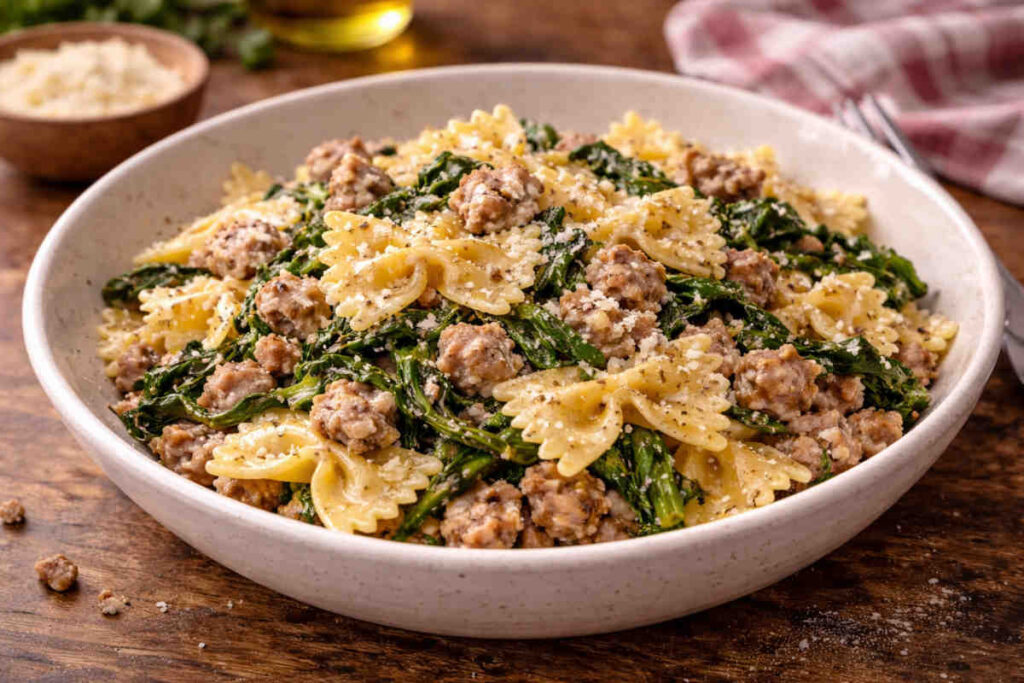 Ciotola in ceramica su tavolo di legno con all'interno delle farfalle con salsiccia e friarielli
