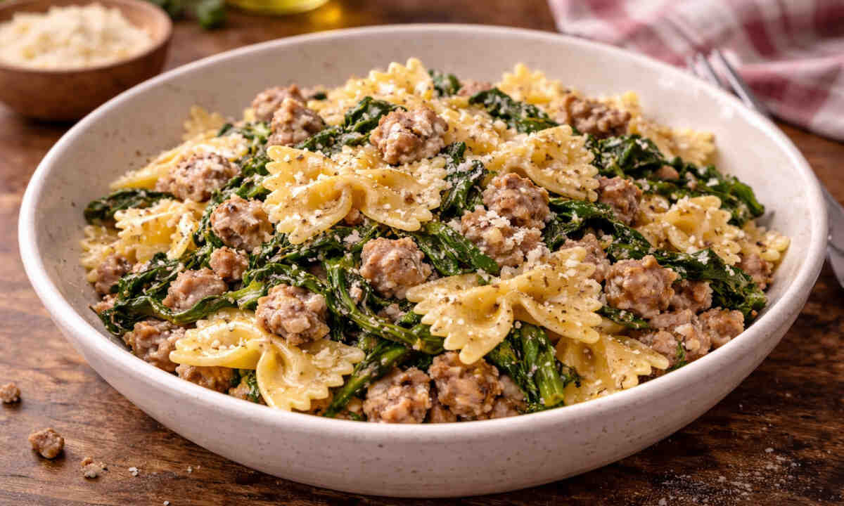 Ciotola in ceramica su tavolo di legno con all'interno delle farfalle con salsiccia e friarielli