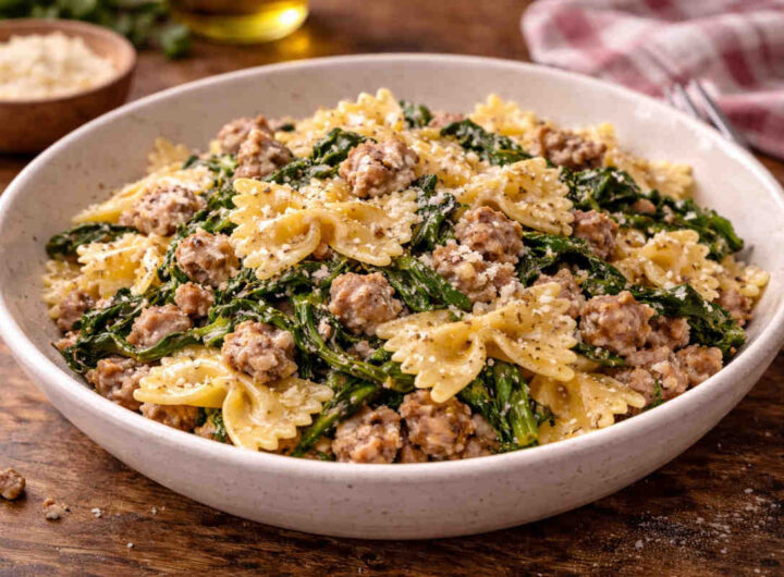 Ciotola in ceramica su tavolo di legno con all'interno delle farfalle con salsiccia e friarielli