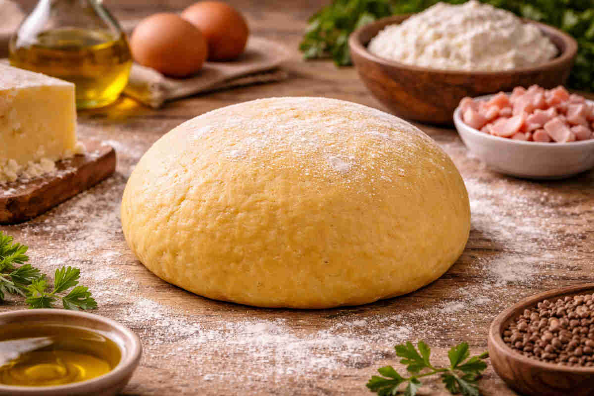 Impasto per realizzare dei fiadoni abuzzesi su spianatoia in legno