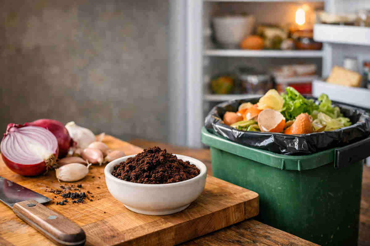Ciotolina con dei fondi di caffè sbriciolati attorno a degli scarti alimentari
