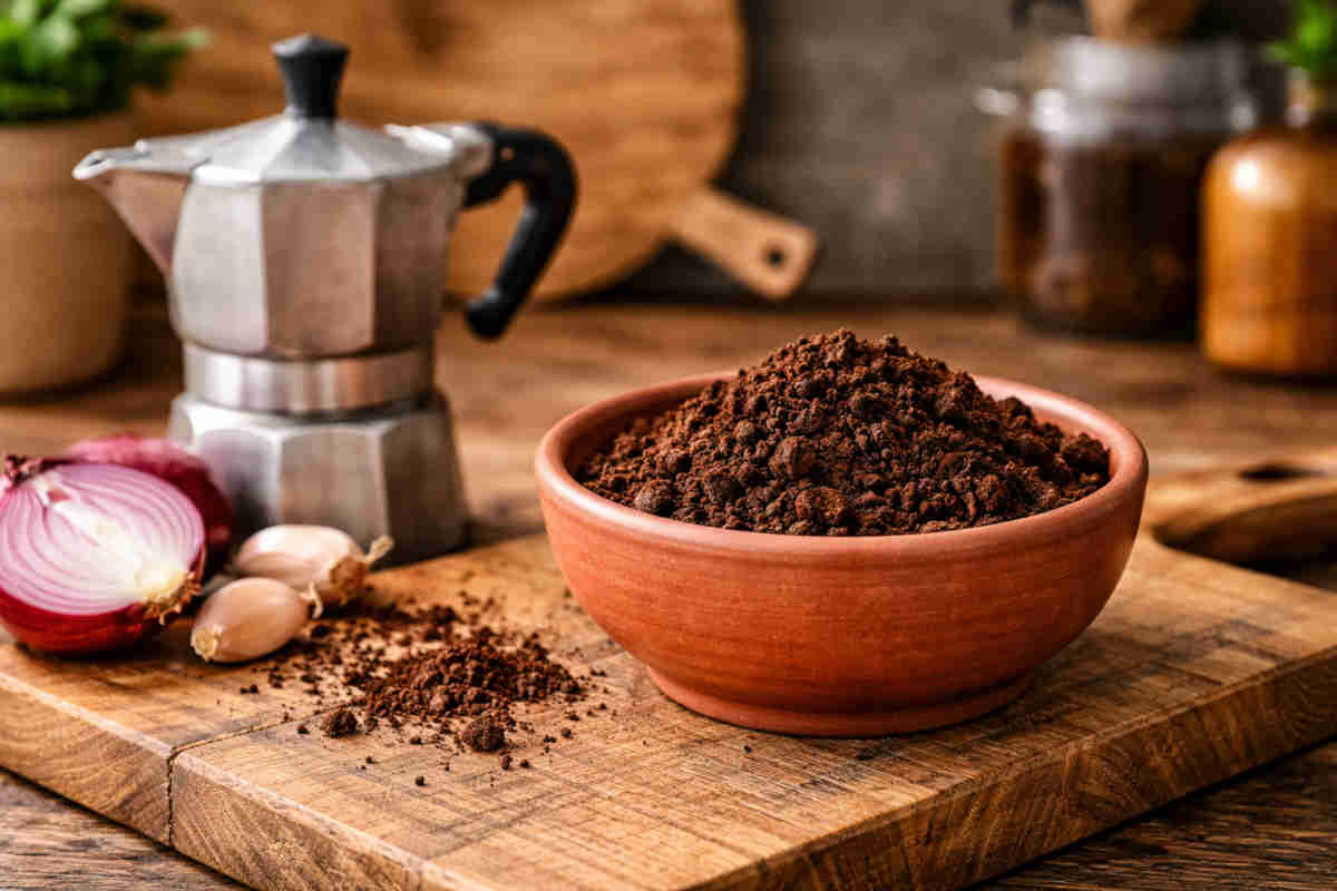 Ciotola in coccio su tavolo di legno con all'interno dei fondi di caffè