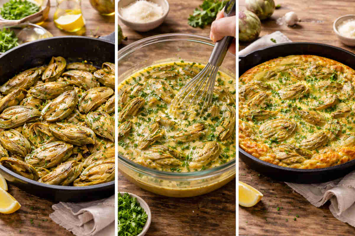 Passaggi per la preparazione di una frittata di carciofi morbida e saporita
