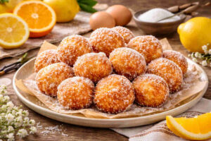 Piatto da portata con sopra Frittelle di riso di San Giuseppe