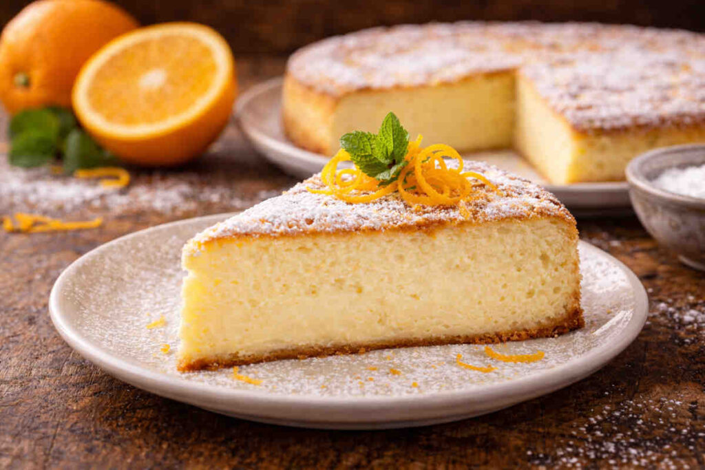 Primo piano su di un piatto bianco con sopra un gateau di ricotta e arancia spolverizzato con zucchero a velo