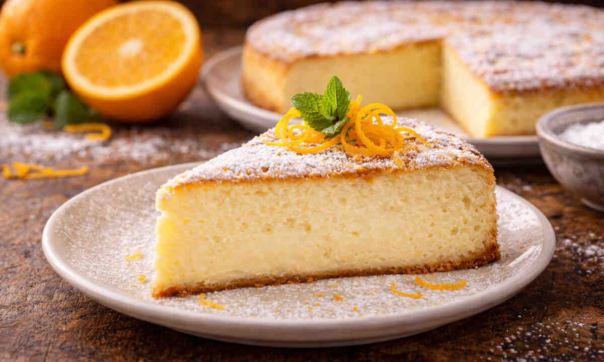 Primo piano su di un piatto bianco con sopra un gateau di ricotta e arancia spolverizzato con zucchero a velo