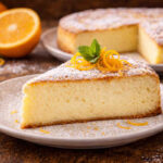 Primo piano su di un piatto bianco con sopra un gateau di ricotta e arancia spolverizzato con zucchero a velo