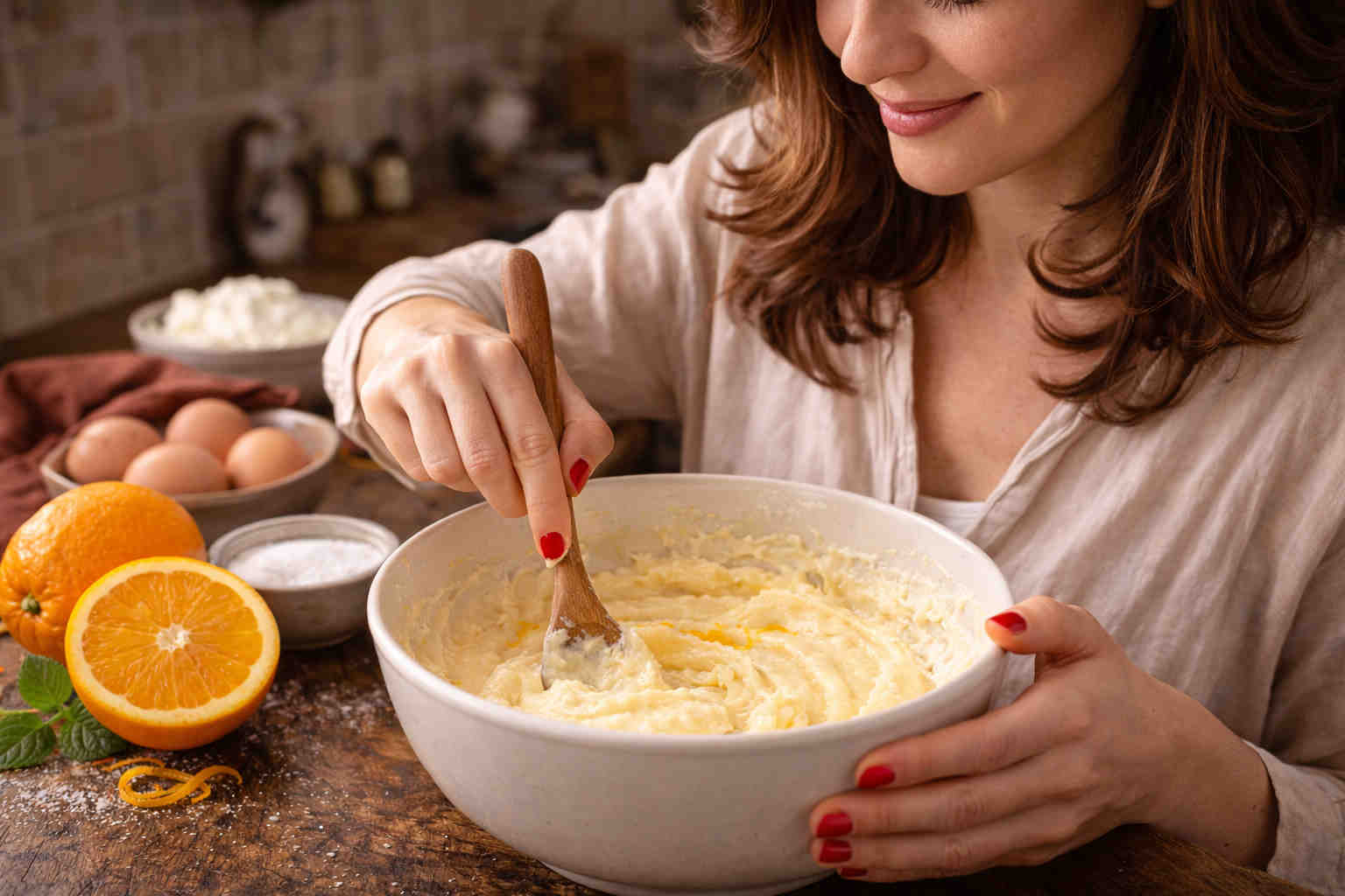Donna che prepara un Gateau ricotta e arancia dolce e profumato