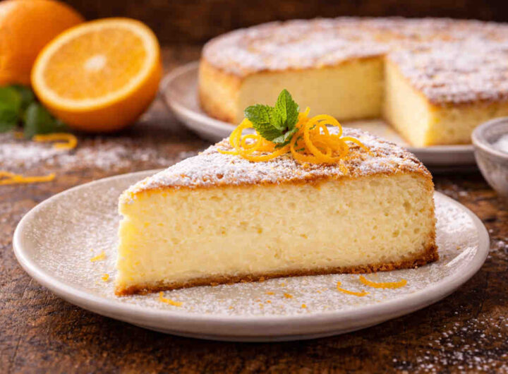 Primo piano su di un piatto bianco con sopra un gateau di ricotta e arancia spolverizzato con zucchero a velo