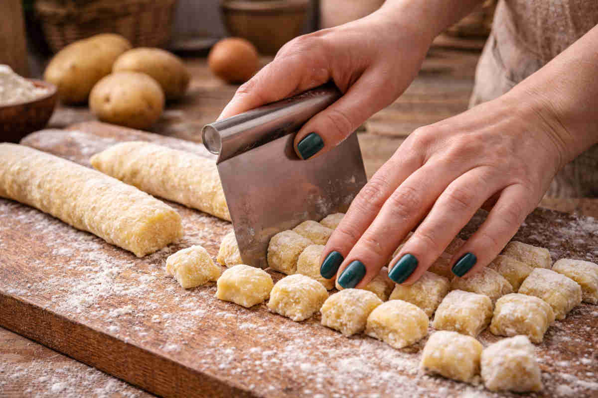 Mani femminili che tagliano l'impasto degli gnocchi su una spianatoia