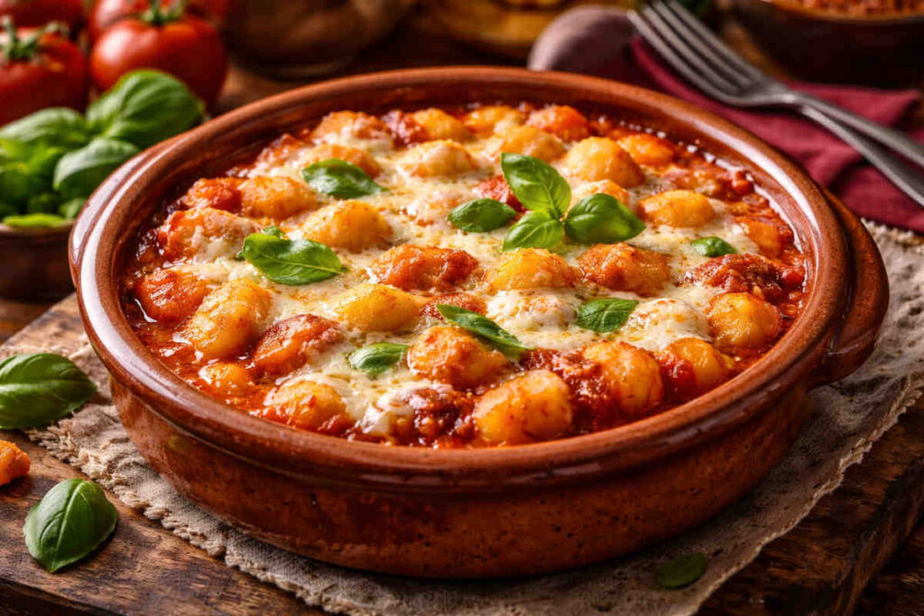 Tegamino in coccio con all'interno degli gnocchi alla sorrentina squisiti