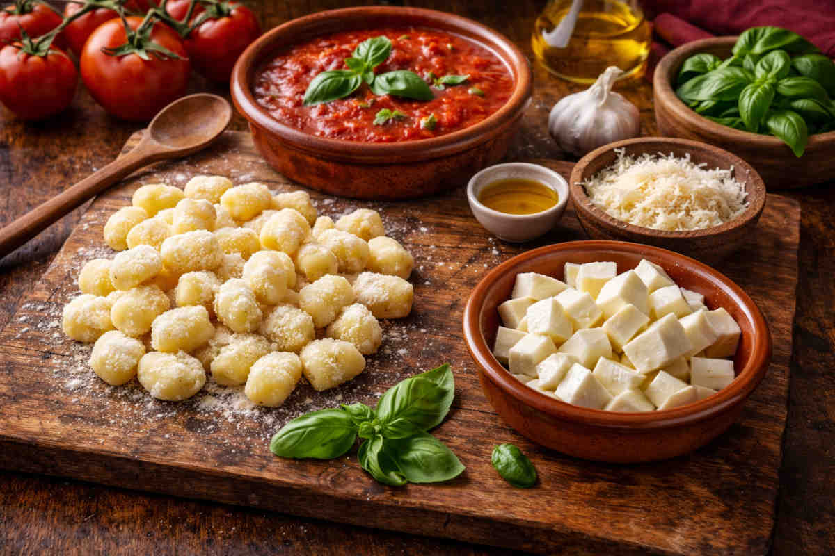 Tavolo in legno con sopra gli ingredienti per preparare degli gnocchi alla sorrentina saporiti
