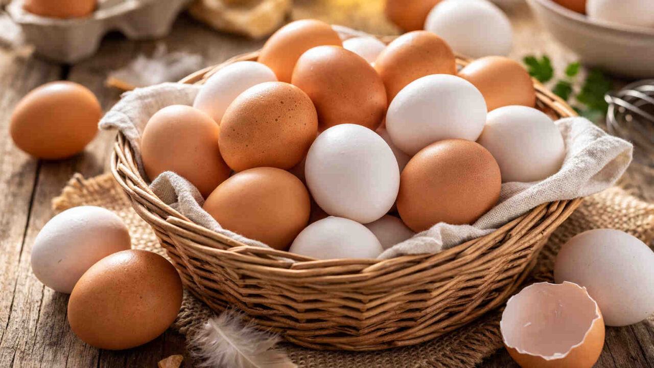 Cesto in vimini su tavolo di legno con all'interno delle uova