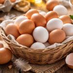 Cesto in vimini su tavolo di legno con all'interno delle uova