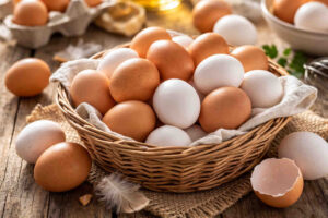 Cesto in vimini su tavolo di legno con all'interno delle uova