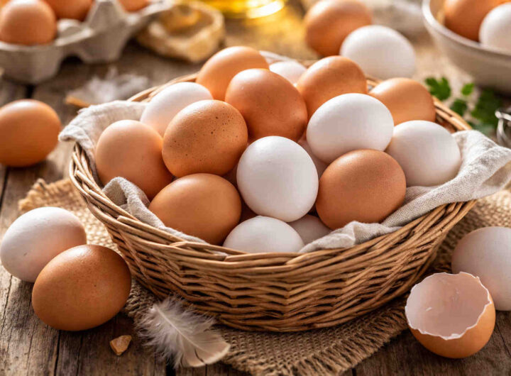 Cesto in vimini su tavolo di legno con all'interno delle uova