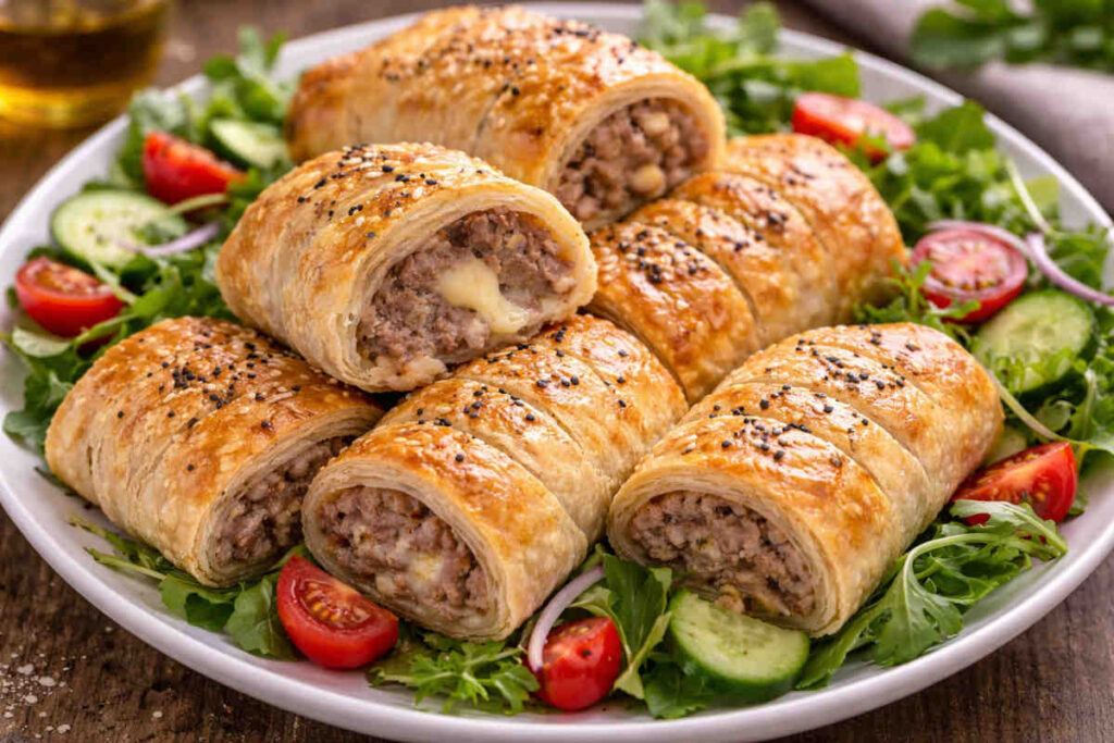 Piatto da portata con sopra degli involtini croccanti di pasta sfoglia con ripieno di carne su letto di insalata e pomodori