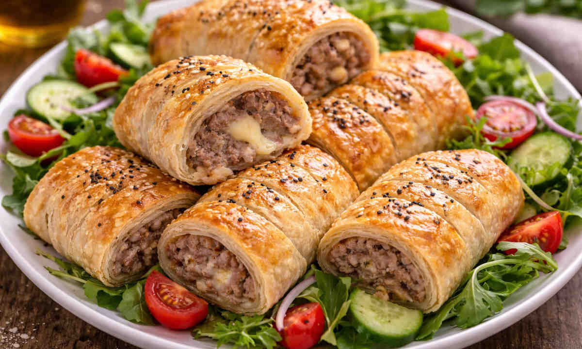 Piatto da portata con sopra degli involtini croccanti di pasta sfoglia con ripieno di carne su letto di insalata e pomodori