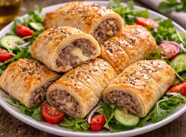 Piatto da portata con sopra degli involtini croccanti di pasta sfoglia con ripieno di carne su letto di insalata e pomodori