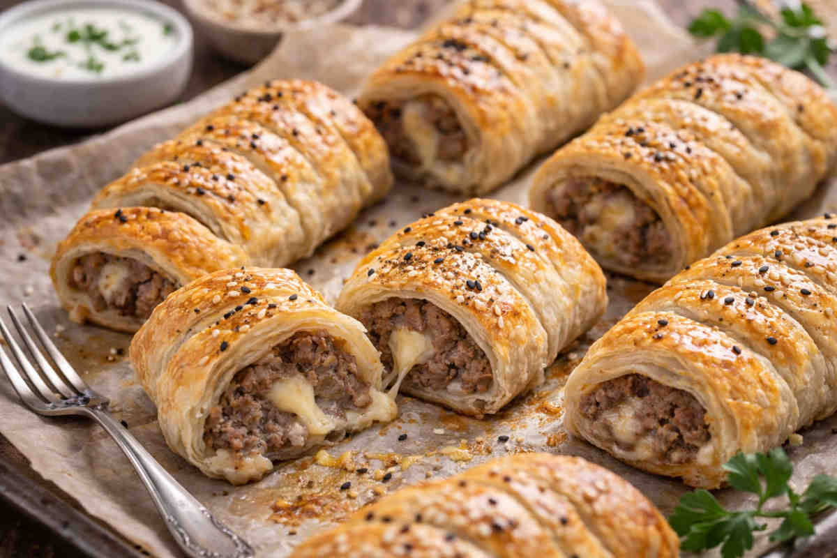 Primo piano su degli involtini sfiziosi fatti con pasta sfoglia e carne