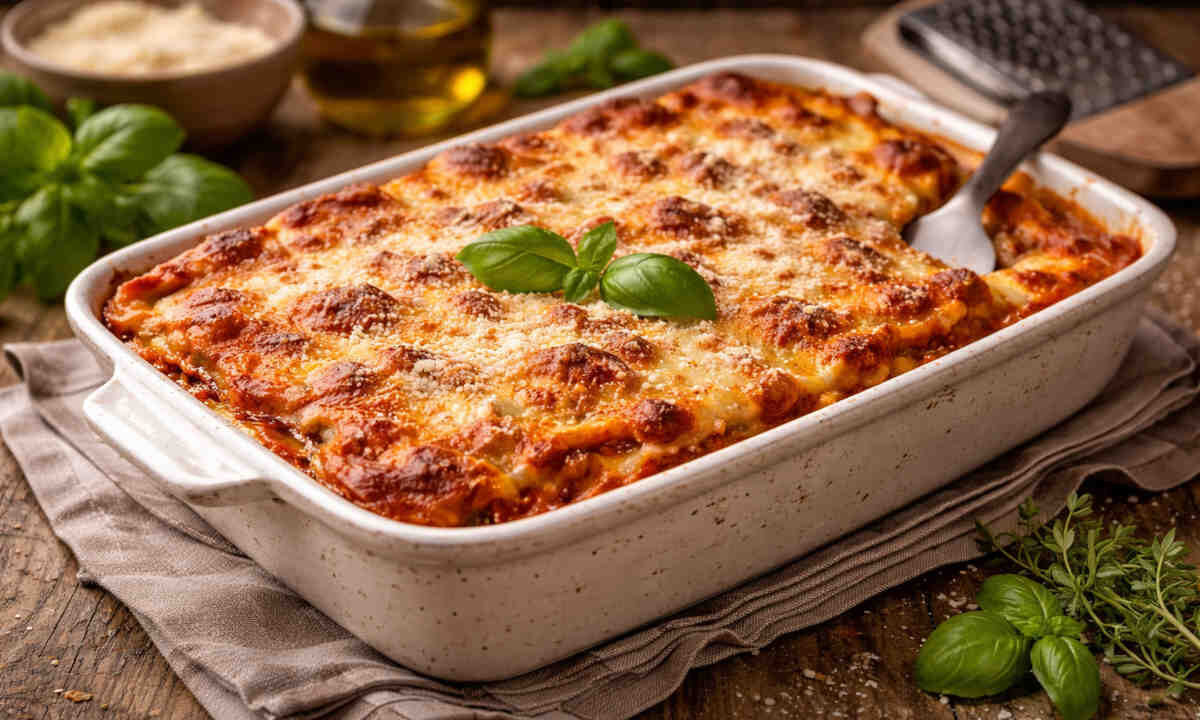 Pirofila bianca da forno su tavolo di legno con all'interno una lasagna alla bolognese appena sfornata