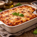 Pirofila bianca da forno su tavolo di legno con all'interno una lasagna alla bolognese appena sfornata