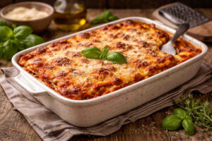 Pirofila bianca da forno su tavolo di legno con all'interno una lasagna alla bolognese appena sfornata