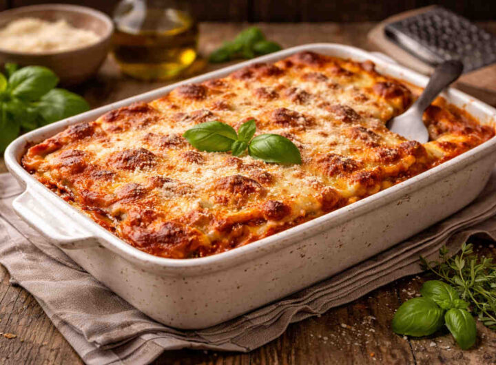 Pirofila bianca da forno su tavolo di legno con all'interno una lasagna alla bolognese appena sfornata
