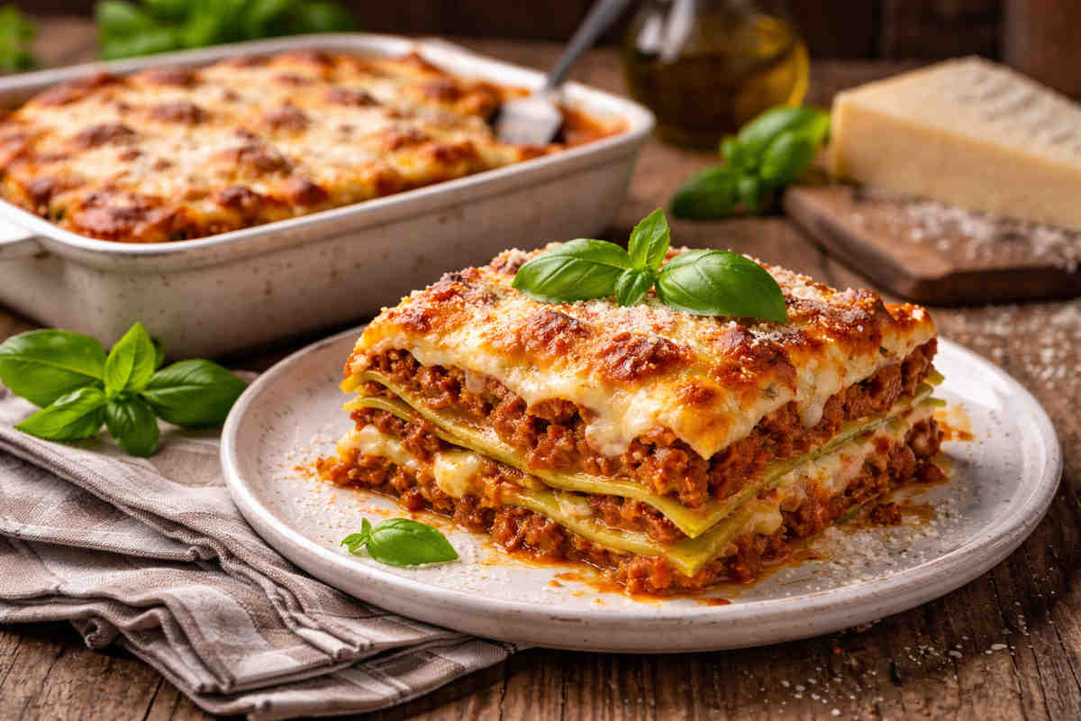 Primo piano di una porzione di lasagne alla bolognese decorata con foglia di basilico