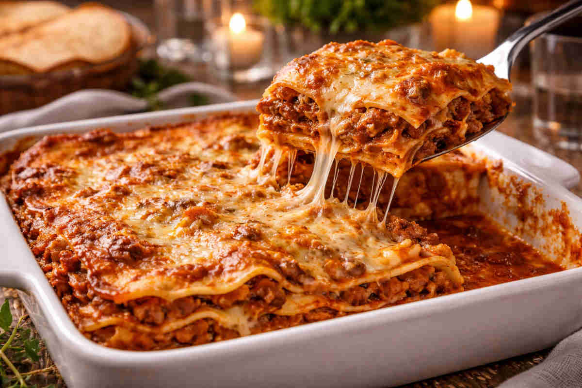 Pirofila da forno con all'interno una lasagna filante fatta secondo la ricetta di Bruno Barbieri