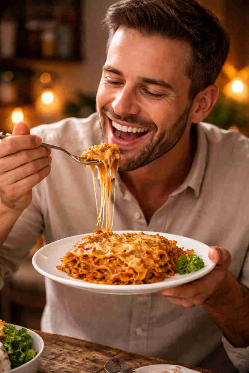 Ragazzo che mangia una porzione filante di lasagna secondo la ricetta di Bruno Barbieri