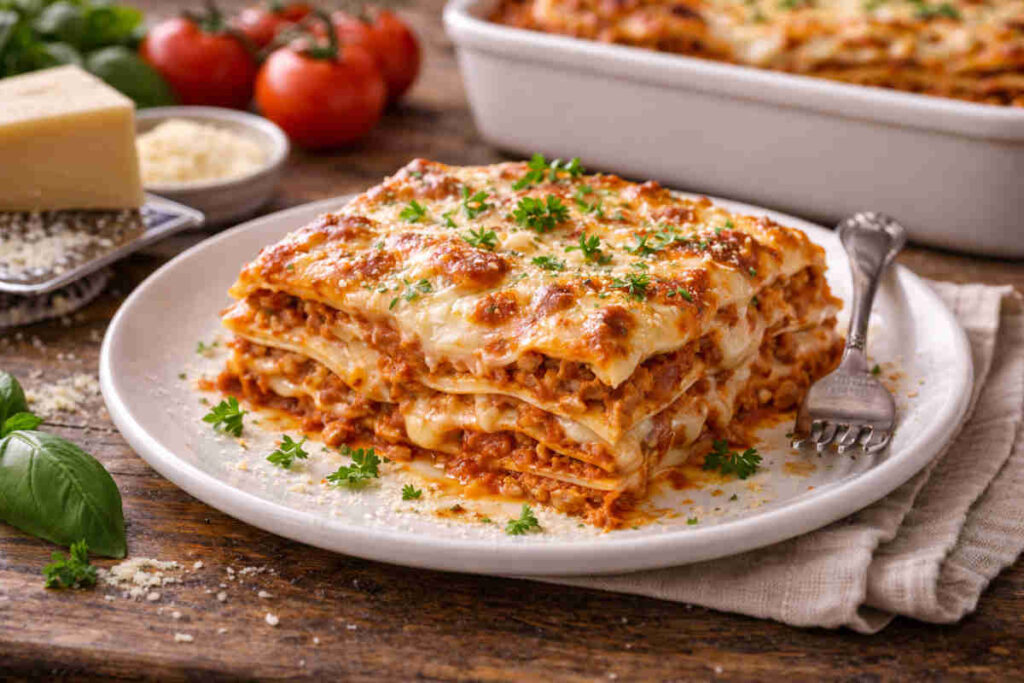 Piatto con sopra una lasagna al ragù fatta in padella secondo la ricetta di Benedetta Parodi