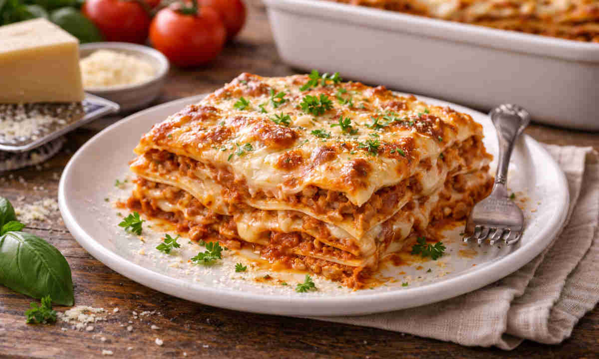 Piatto con sopra una lasagna al ragù fatta in padella secondo la ricetta di Benedetta Parodi