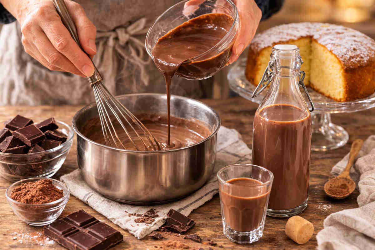 Mani femminili che in una cucina rustica preparano un liquore al cioccolato