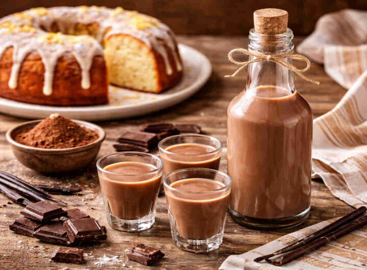 Liquore al cioccolato su tavolo di legno rustico con dietro un ciambellone alla vaniglia