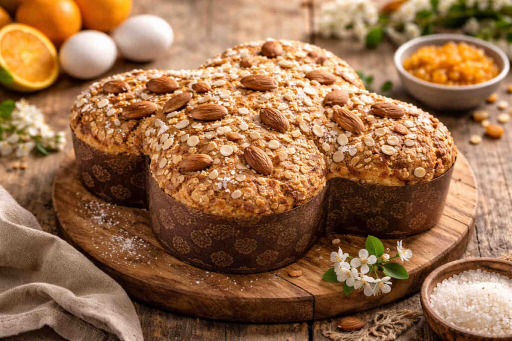 Colomba pasquale tradizionale su tagliere di legno