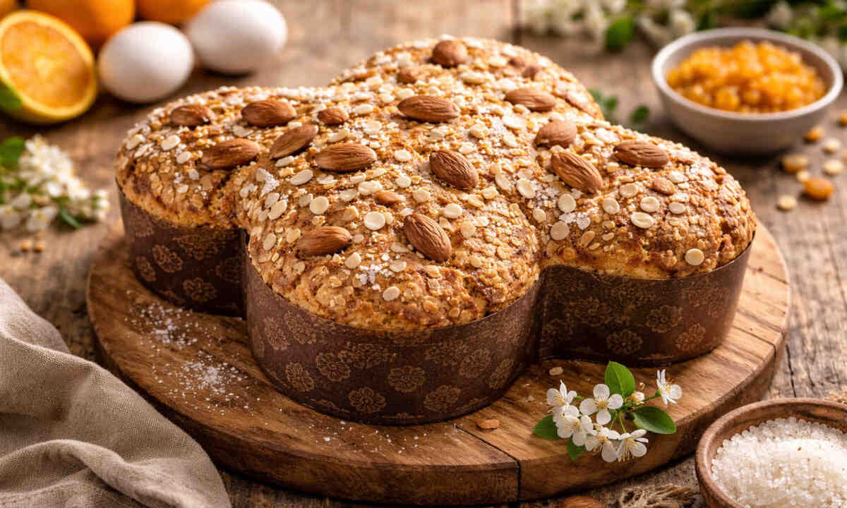 Colomba pasquale tradizionale su tagliere di legno