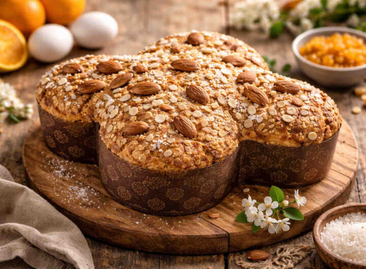 Colomba pasquale tradizionale su tagliere di legno