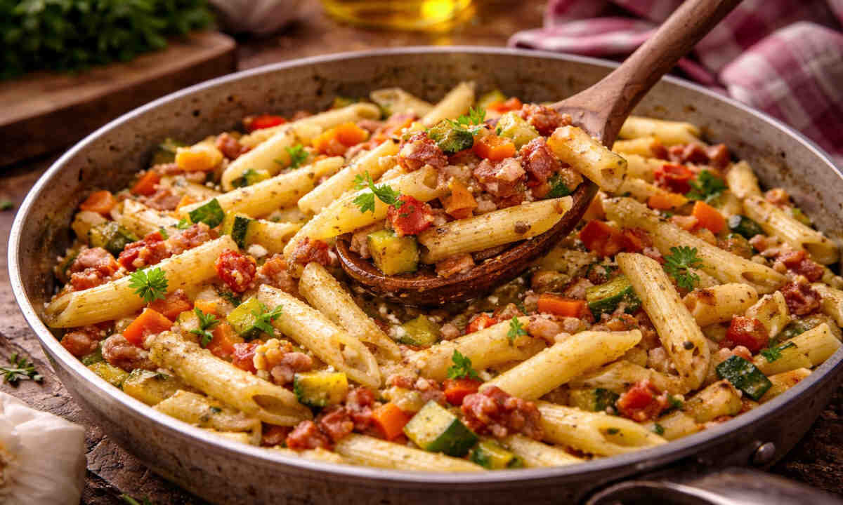 Padella con all'interno una pasta alla contadina con verdure e guanciale