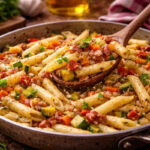 Padella con all'interno una pasta alla contadina con verdure e guanciale