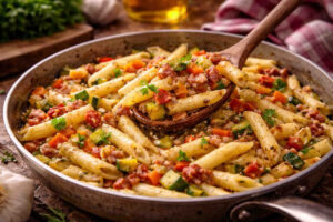 Padella con all'interno una pasta alla contadina con verdure e guanciale