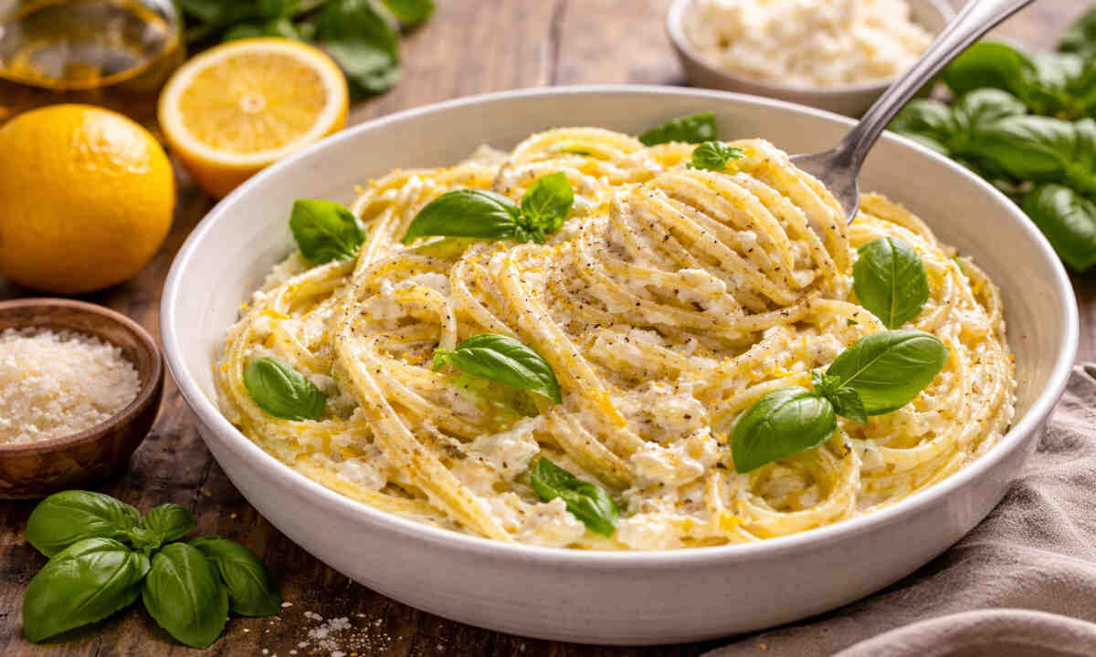 Primo piano di una pasta cremosa con ricotta e limone