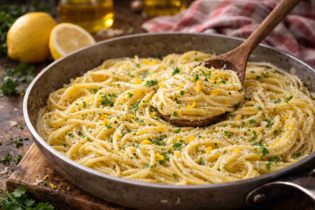 Padella su tavolo di legno con una spaghettata profumata al limone