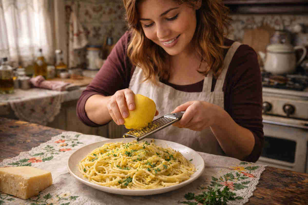Ragazza che grattugia della scorza di limone su piatto di spaghetti