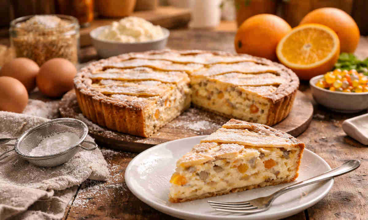 Pastiera napoletana su tavolo di legno rustico