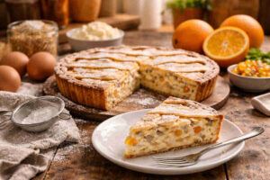 Pastiera napoletana su tavolo di legno rustico