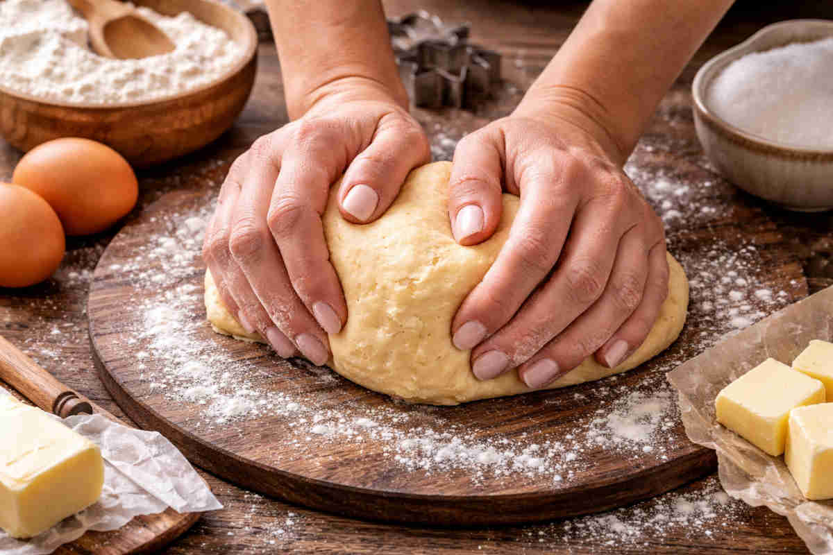 Mani femminili che lavorano l'impasto della pastiera napoletana