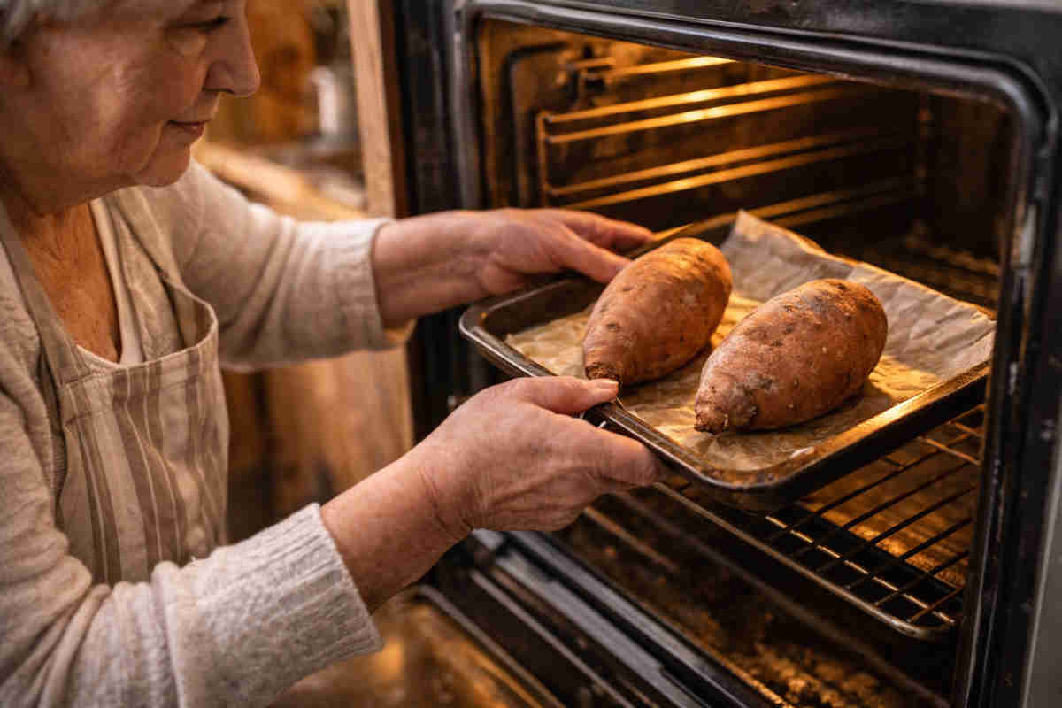 Signora anziana che informa delle patate dolci