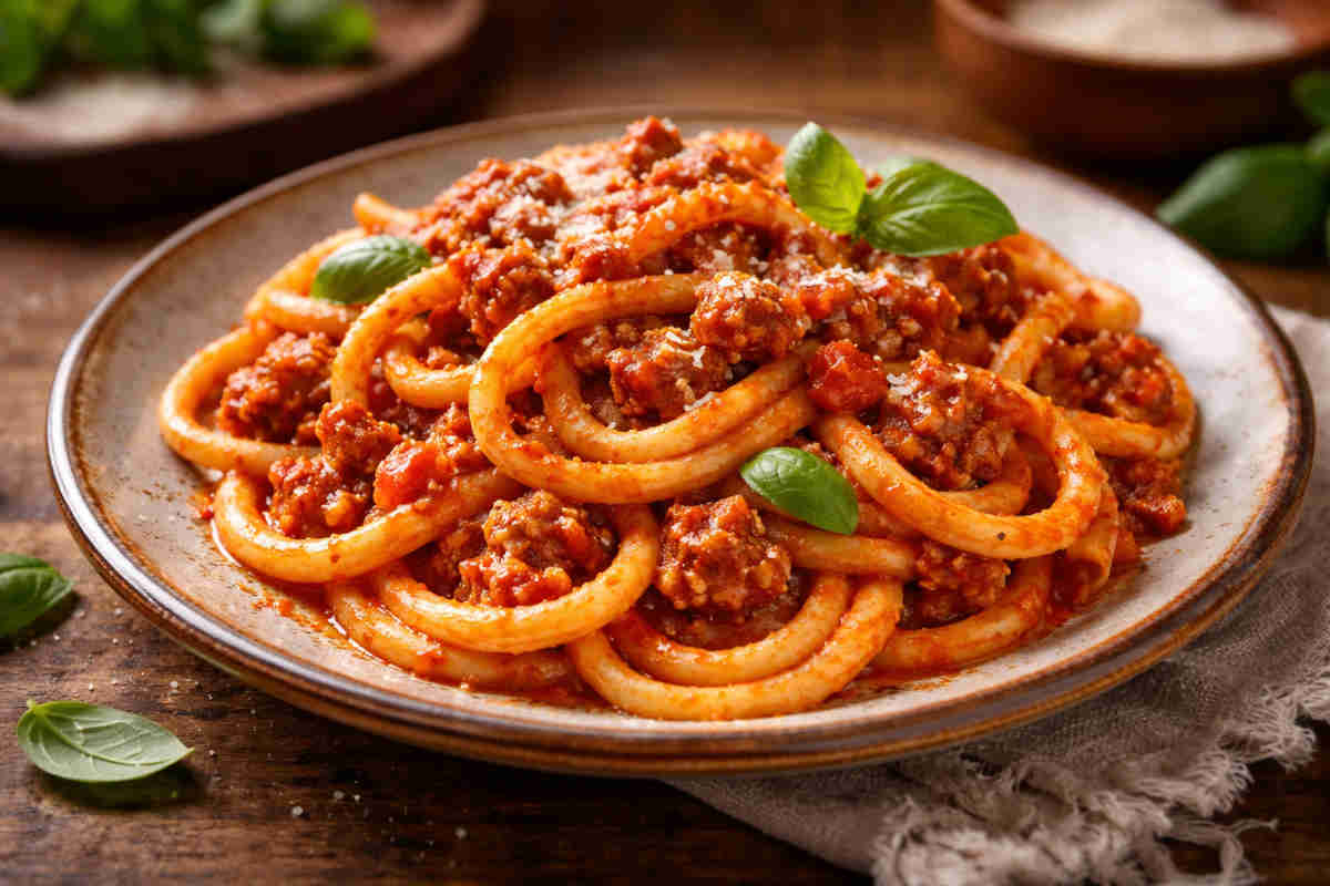 Pici pomodoro salsiccia su piatto piano e decorato con foglie di basilico fresco