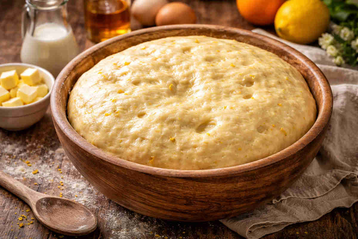Ciotola in coccio con all'interno l'impasto per preparare la pigna di pasqua